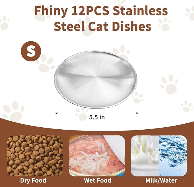 Fhiny 12 PCS Stainless Steel Cat Dish Set, 5.5", Wide Whisker Friendly Cat Bowls Shallow Kitten Feeding Plate Replacement Basic Small Pet Bowl Metal Flat Cat Dish for Stray Cats Dogs (5.5" Dia)