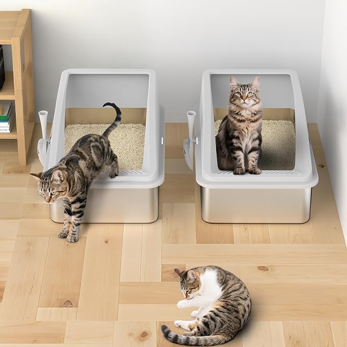 2 Pack Stainless Steel Litter Box | XL Enclosed Cat Litter Boxes with Lid for Big Cats and Multi-Cats | High Sided, Anti-Urine Leakage | Non-Stick Bottom(Silver Gray)