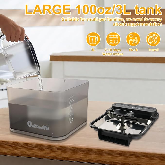 Pet Water Fountain for Cat and Dog - Rechargeable Battery Operated Automatic Water Dispenser 3L with Steel Dish and Replacement Filter - Quiet Wireless Auto Kitty Drinking Fountain