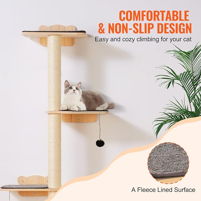 VEVOR 4 Tiers Cat Wall Furniture Set with 4 Jumping Boards, Wall-Mounted Cat Floating Shelf up to 40 lbs, 12 mm Pine Wood Perch for Sleeping, Playing, and Climbing