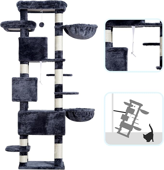 Hey-brother Cat Tree, 74 inches Multi-Level XL Large Cat Tower for Indoor Cats with Three Cat Condos, Two Large Top Decks and Cat Hairbrushfor Kittens, Cats and Pets, Smoky Gray MPJ035-MG