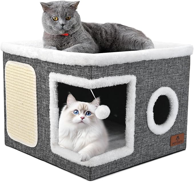 Cat Beds for Indoor Cats, Large Cat Cave Bed with Scratch Pad and Fluffy Ball, Foldable Cat Hideaway, Cat House with Reversible Cushion for Multi Small Pet Up to 30LBS, Grey