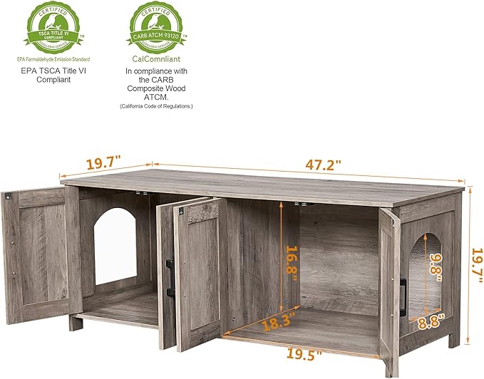 Homhedy Cat Litter Box Enclosure for 2 Cats, Litter Box Furniture Hidden with Double Room,Wooden Cat Washroom Furniture,Cat House,47.2”L x 19.7”W x 19.7”H,Greige