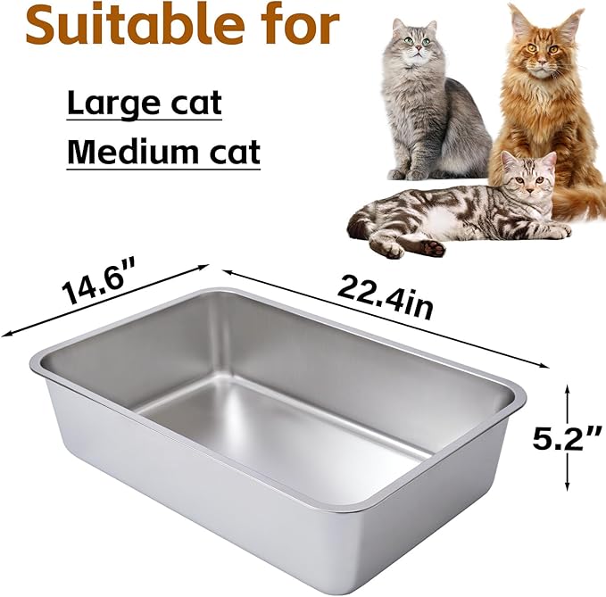 Stainless Steel Cat Litter Box-6" High Side Metal Litter Box,XLarge Stainless Steel LitterBox,Cat LitterBox for Big Cats or Rabbit,Puppy,Non Stick, No Smell, Easy to Clean