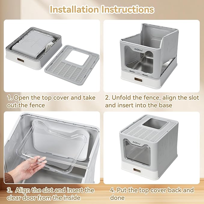 AiQInu Stainless Steel Cat Litter Box wtih Lid and Scoop- Up to 20 LBS, Foldable Large Enclosed Metal Litter Box with High Sided Enclosure for Big Cats - Anti Leakage No Smell, Easy Cleaning