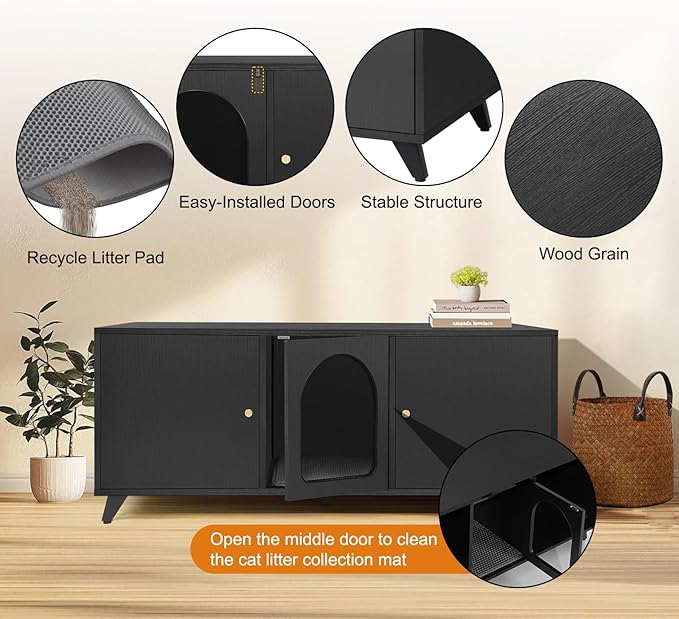 Cat Litter Box Enclosure for 2 Cats, Modern Hidden Litter Box Furniture with Double Room, Large Cat House Washroom Cabinet with Scratche Pad, 46.5" x 19.7" x 19.7" (Black)