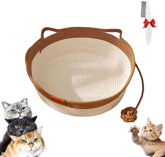 Stimulicat Cat Bed, Stimulicat Handwoven Cat Basket, Foldable Round Cotton Rope Cats Beds with Toy Tail and Built-in Scratching Pad, Scratch Resistance Easy to Clean (Brown, Large)