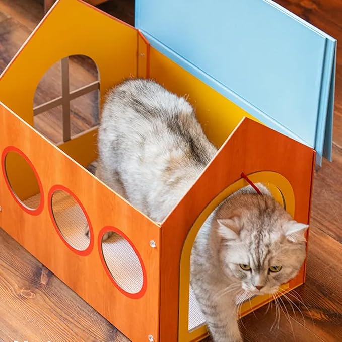 Blue Roof Cat House, Indoor Cardboard Cat Bed with Windows and Hanging Toy Ball, Cozy Cat Condo Hideaway for Kittens and Small Cats