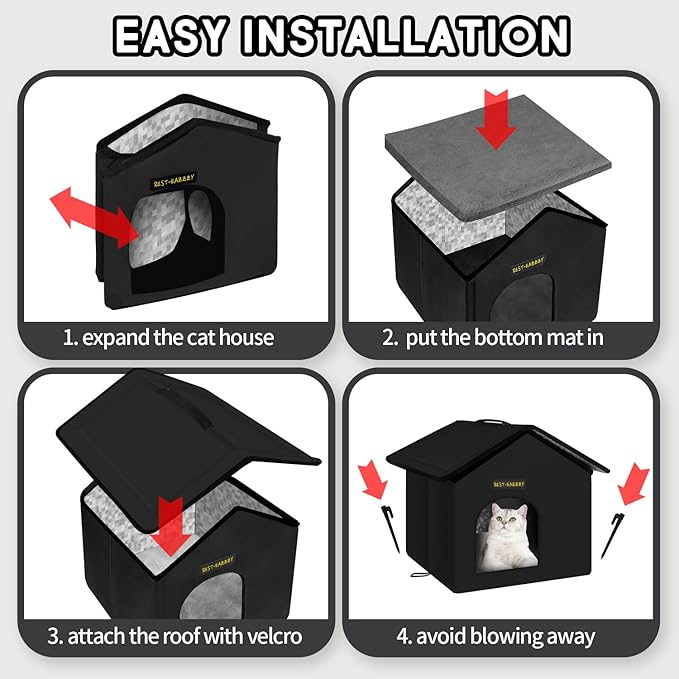 Rest-Eazzzy Cat House for Outdoor Cats, Weatherproof and Insulated Feral Cat House with Mat and Canopy, Easy to Put Together, Selfwarming Cat Shelter for Winter(13 * 13 * 14" Black with Support)