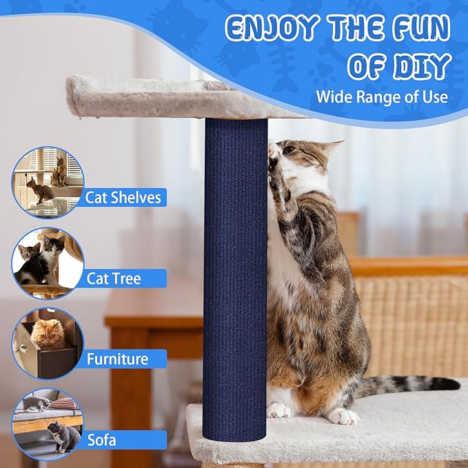 Climbing Cat Scratcher Mat Trimmable Cat Scratching Post Carpet 118’’x15.8’’ Self Adhesive Carpet Mat Pad Replacement for Cat Tree Shelves Post Couch Wall Furniture Steps DIY Protector (Dark Blue)