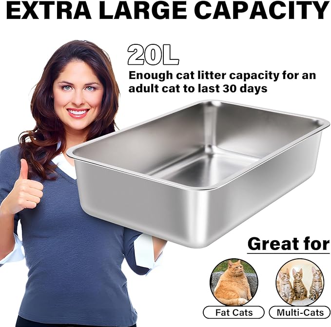 Stainless Steel Litter Box XL, Metal Cat Litter Box High Sides,23.6"x15.8"x6" (Deep) Extra Large Stainless Steel Cats Litterbox for Big/Fat Cats/Kitty Indoor, Non Stick No Smell Easy Clean