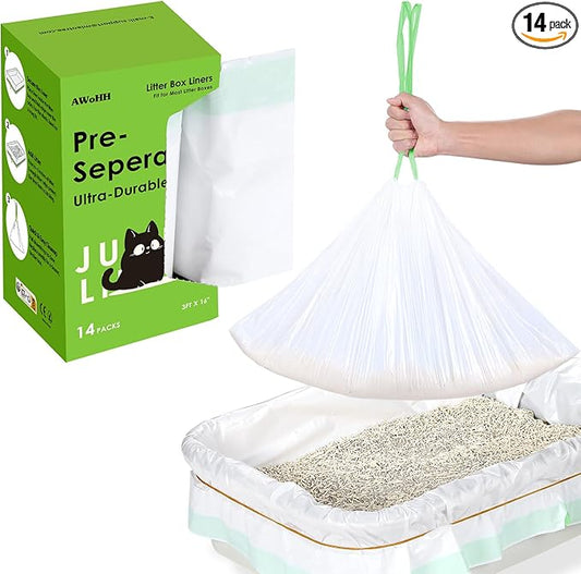 14 Count Cat Litter Box Liners, Drawstring Large/Jumbo Cat Litter Liner Bags For Litter Box, Kitty Litter Liner Heavy Duty Pre-Separated 36" x 16"