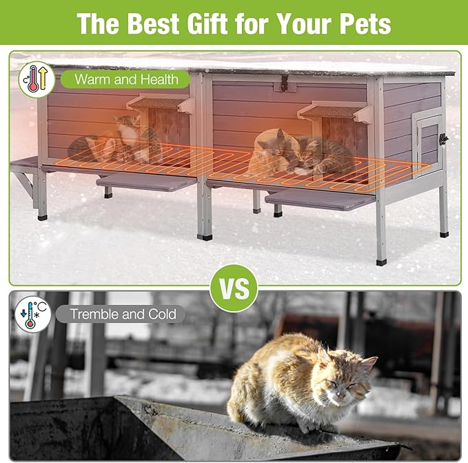 Gutinneen Heated Cat House for Outdoor Cats Insulated Kitty Shelter with Heating Pad Waterproof Cat Cage Keep Warm in Winter,Liner Include