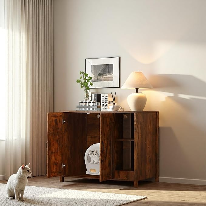 Cat Litter Robot Enclosure with Litter Collector,Cat Litter Cabinet with Dog Proof Adjustable Shelf,for Placing Litter Robot 3/4,Power Outlet (Rustic Brown)
