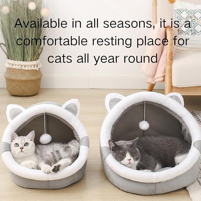 Cat Bed Cave with Removable Cushion, Indoor Pets Plush House Bed with Pompom for Small Dogs Cats Kitten Puppy Rabbits (Grey,S)