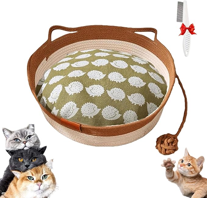 Stimulicat Cat Bed, Stimulicat Handwoven Cat Basket, Foldable Round Cotton Rope Cats Beds with Toy Tail and Built-in Scratching Pad, Scratch Resistance Easy to Clean (Brown+Cushion, Large)