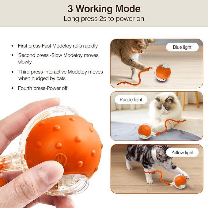 Electric Interactive Cat Toy Ball - Automatic Rolling Silicone Cat Toys for Indoor Cats, Durable Chew-Proof Motorized Kitty Ball with LED Light, Fun Exercise Toys for Bored Kittens(Orange)