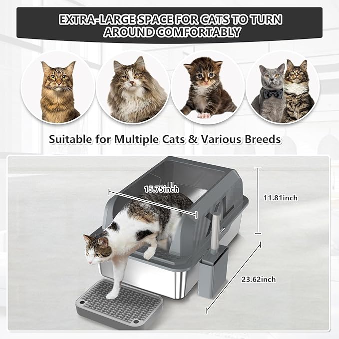 Stainless Steel Cat Litter Box with Lid Extra Large Metal Pan Tray with Enclosed High Sides for Big Cats Multi-Cat, XL Non-Stick Anti-Leakage Easy Cleaning Includes Scoop(Dark Grey)