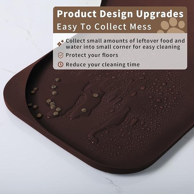Silicone Pet Feeding Mat with Raised Edge & Residue Collection Pocket for Food and Water, Dog Bowl Mats, Cat Bowls Placemat with High Lip for Floor Waterproof, 19 x 12 x 0.7 Dark Brown