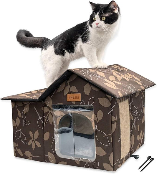 Indoor and Outdoor Cat House - Large Cat Hole, Insulated and Weatherproof Resistant Outdoor Wildcat House ,Foldable Cat Hideaway,19.5x17.5x13.5 inches, Brown