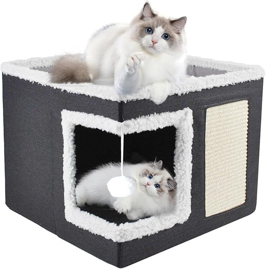 Cat Bed for Indoor Cats Cube House,Large Covered Cat Beds Cave & Furniture with Fluffy Ball and Scratch Pad Foldable Hideaway Nest & Condo with Washable Mat for Kitten Kitty Small Pet(Grey)