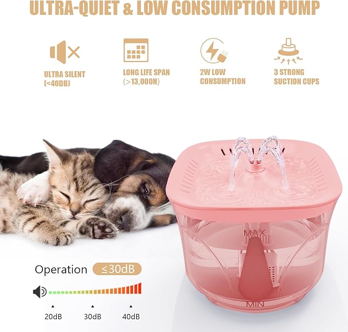Cat Water Fountain - BOODIDI Ultra Silent Pet Drinking Fountain for Cats and Small Dogs, Indoor Water Fountain, 2.4L/2.5QT Capacity, with Replacement Filters (Pink)