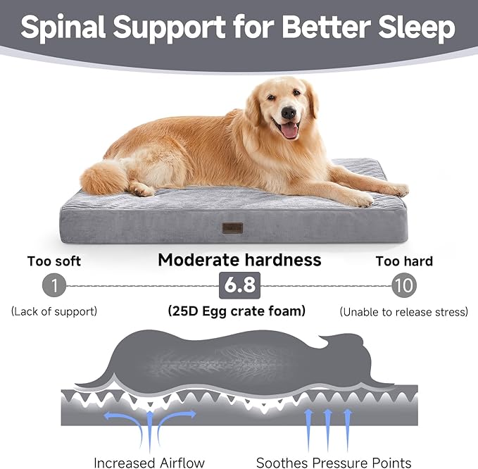 OhGeni Orthopedic Waterproof & Machine Washable Dog Bed for Medium Large Pets, Suitable for Crates, Cat Mat with 25D Egg Crate Foam, Non-Slip Bottom & Removable Cover, 35 Inches(Gray)