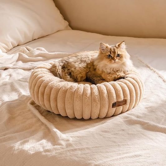 MEWOOFUN Cat Bed, Washable Beds for Indoor Cats, Cute Donut Bed Fluffy Pet Bed with Non-Slip Bottom, Calming Round Bed for Puppy and Kitten (Light Brown)