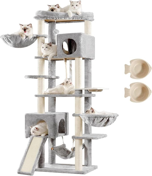 Hey-brother Cat Tree, 70.8 Inches Multi-Level Cat Tree Tower for Large Cats, Heavy Duty Cat Tower with Cat Condo,Baskets, Cat Scratching Posts, Big Hammock and Food Bowls, Light Gray MPJ036W