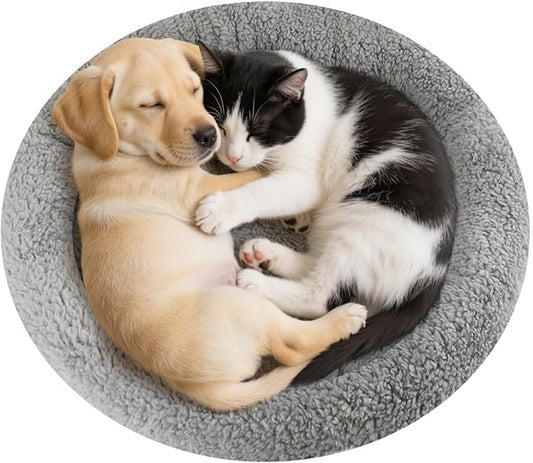 Enjoying Plush Cat Bed Mat Diameter 19.5" Round Pad with Pillow Around for Cats Dogs Relying/Curling Sleep Warm Dog Cushion for Crates, Antiskid Bottom, Large, Gray