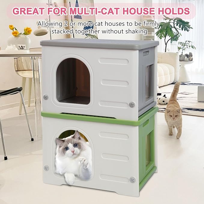 Hicaptain Cat Houses for Indoor Cats with Escape Door Plastic Outdoor Cat House Puppy Feral Cat Shelter for Small Medium Pets-Grey