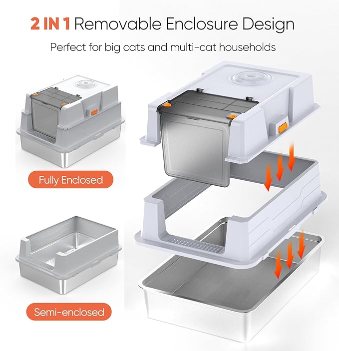 ELEGX XXXL Extra Large 28" L×20" W Odor-Control Stainless Steel Cat Litter Box, 4-in-1 Cat Metal Litter Box Set,Enclosed Removable Metal Litter Box with High Sided Enclosure,Mat & Scoop