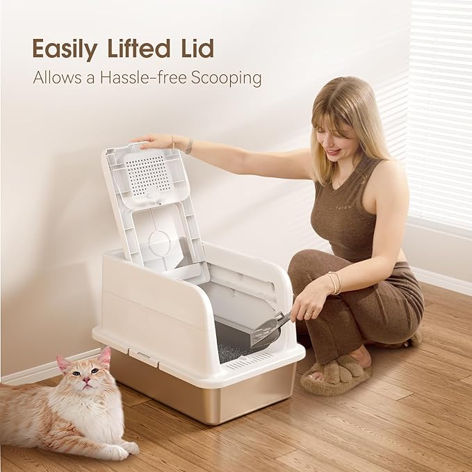 COURPAL® Stainless Steel Cat Litter Box with Lid - XL Large Enclosed/Open Litter Box with Anti Leakage Enclosure - Odor Free Hooded Litter Tray - Metal Covered Litter Pan Non-Stick Easy to Clean