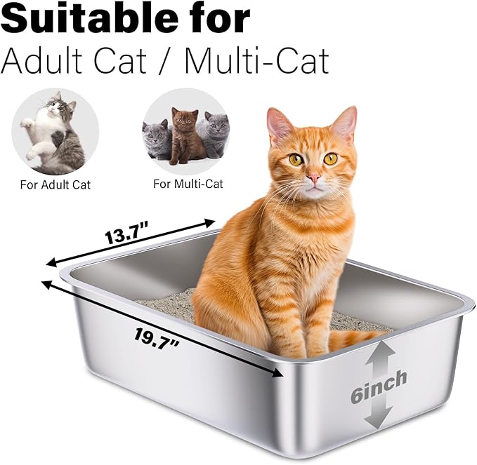 Stainless Steel Cat Litter Box, 20"x14"x6"(Height) Large Metal Litter Box, Easy to Clean, Non Stick No Smell Litterbox for Adult Cats/Kitty