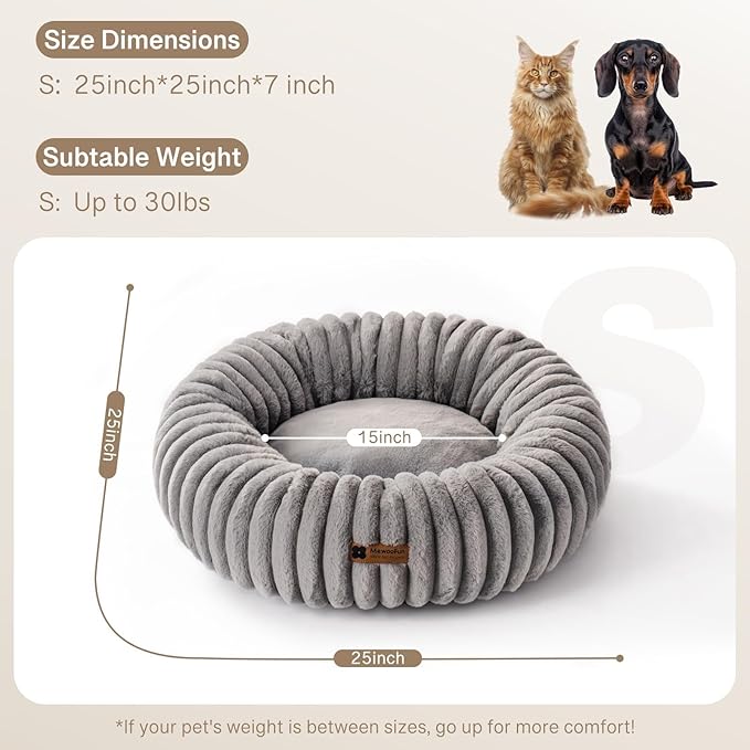 MEWOOFUN Donut Dog Beds for Small Dog, Calming Bed Round Cute Puppy Bed with Non-Slip Bottom, Fluffy Washable Pet Bed for Puppy and Kitten (Grey, S (25x25x7))