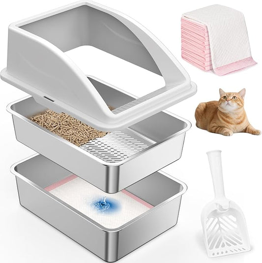 Stainless Steel Litter Box for Pine Pellet Cat Litter Non Clumping Litter System | XXL Sifting Cat Litter Box with Lid for Big Cats | High Sided, Anti-Urine Leakage | Non-Stick Bottom