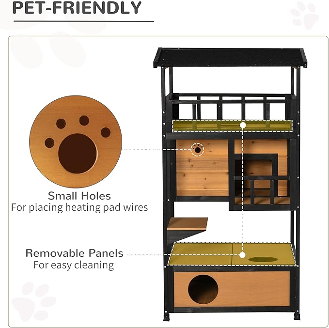 PawHut Wooden Outdoor Cat House, Feral Cat Shelter Kitten Condo with Asphalt Roof, Escape Doors, Condo, Jumping Platform, Yellow