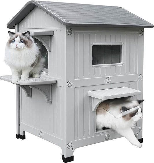 Rockever Luxury Plastic Outdoor Indoor Cat House with Escape Door, Waterproof 2 Story Outdoor Houses for Feral Cats Outside Cat Shelter, Spacious, Clean and Assemble Easily