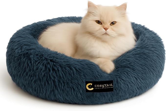 Anti-Anxiety Donut Pet Bed, Round Plush Faux Fur, Washable, Deep Blue, Small to Medium Dogs and Cats (Deep Blue, Large)