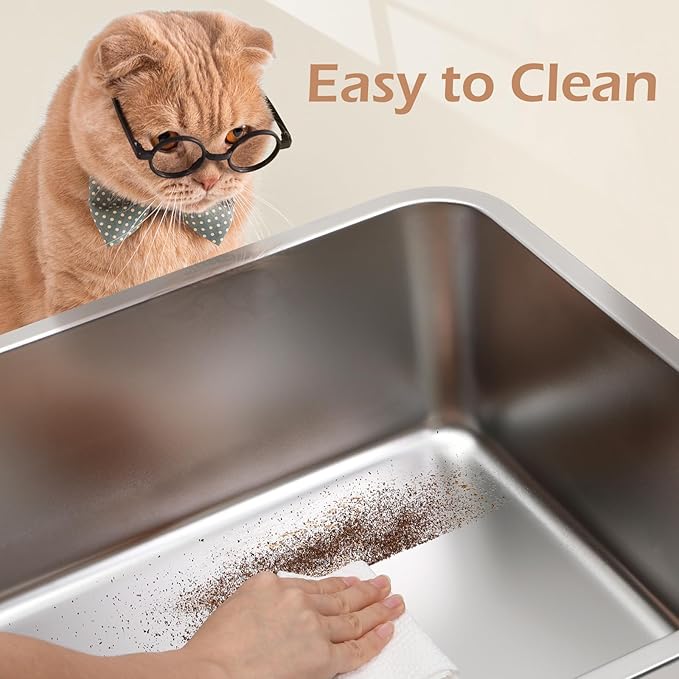 Stainless Steel Litter Box with Step Extra Large Cat Litter Box for Big Cats High Sides Enclosure XL Non-Sticky Easy Cleaning Anti-Urine Leakage (with Litter Scoop & Footboard, Grey)