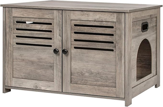 DINZI LVJ Litter Box Enclosure, Cat Litter House with Louvered Doors, Entrance Can Be on Left or Right Side, 31.5" Long Hidden Washroom for Most of Litter Box, Cat Furniture Cabinet, Greige