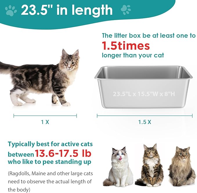 IKITCHEN Stainless Steel Cat Litter Box, Large Metal Litter Box for Cats, Never Absorbs Odors,Stain Free, Rustproof, Non Stick Smooth Surface, Anti-Slip Rubber Bottom, 23.5" L x 15.5" W x 8" H