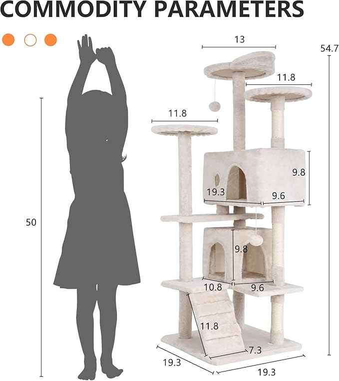 BestPet 54in Multi-Level Cat Tree Tower Furniture Activity Center with Scratching Posts, Toys and Condo for Indoor Kittens, Beige