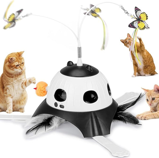 3-in-1 Automatic Cat Toys for Indoor Cats, Fluttering Butterfly, Whack a Mole, Rotating Feather Wand, USB Rechargeable Interactive Feather Toys for Multi-cat Family (Black)