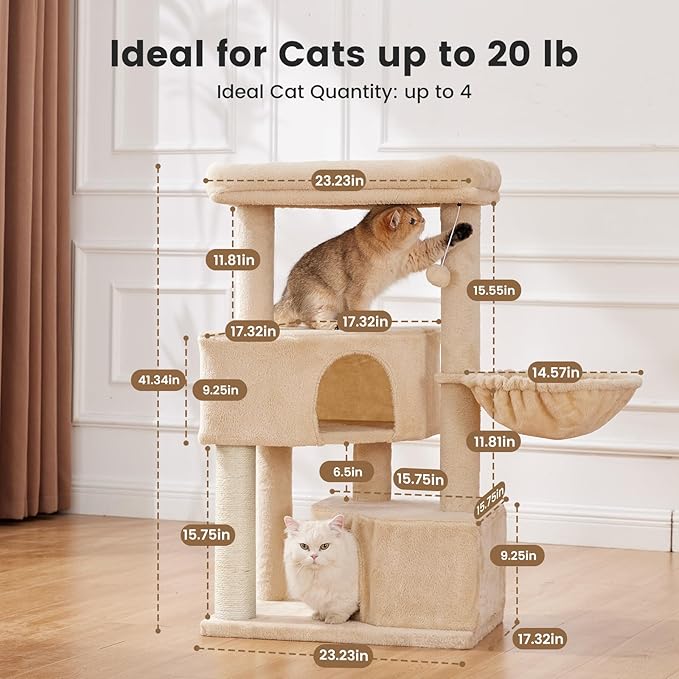 Gardner Pet 41" Tall Cat Tree for Medium-Large Cats, Heavy Duty Cat Tower with 2.8in Posts & Washable Top Perches, Space-Saving Cat Furniture for Apartments, Easy to Assembly
