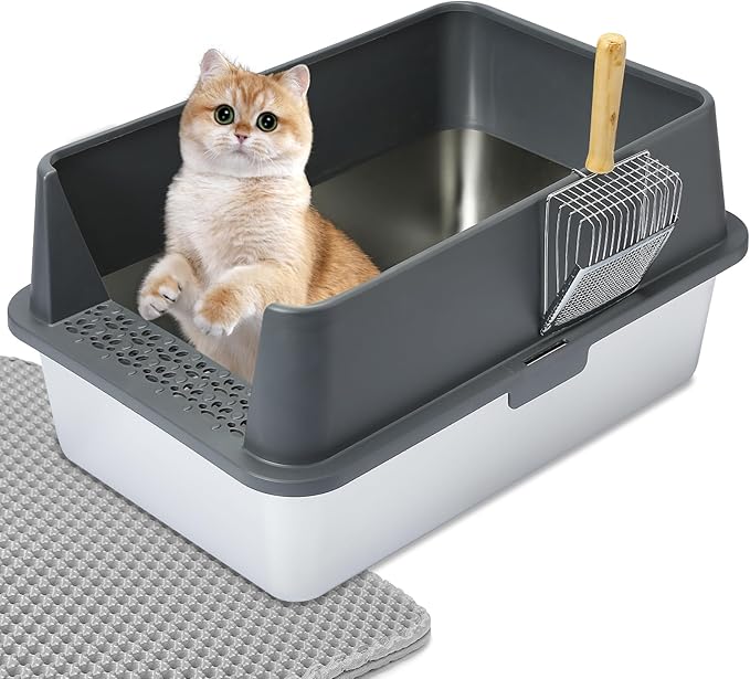 Stainless Steel Litter Box X-Large Enclosed Metal Cat Litter Box for Big Cats with Lid Litter Mat Metal Scoop Long Lasting Odor Free Easy Clean Non-Sticky High Sided Anti-Leakage Grey XL