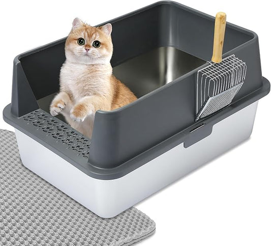 Stainless Steel Litter Box X-Large Enclosed Metal Cat Litter Box for Big Cats with Lid Litter Mat Metal Scoop Long Lasting Odor Free Easy Clean Non-Sticky High Sided Anti-Leakage Grey XL