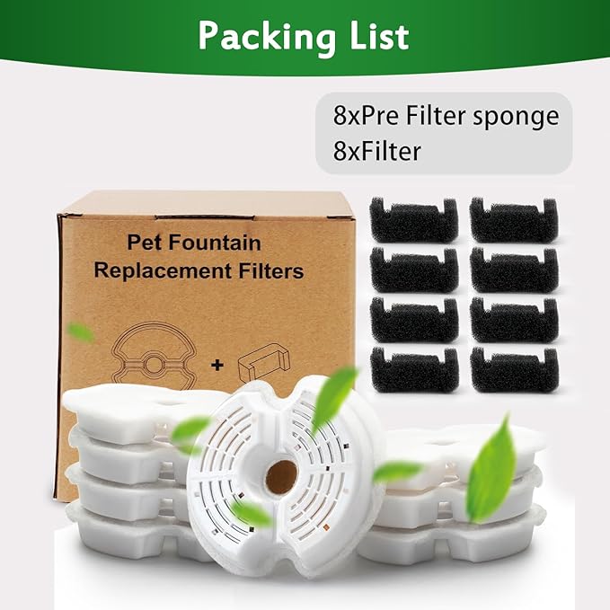 Cat Water Fountain Filter, Multiple Filtration Pet Water Fountain Replacement Filter,8 Cotton Activated Carbon Cat Fountain Filters and 8 Pre-filter Sponges (8+8 Pack)