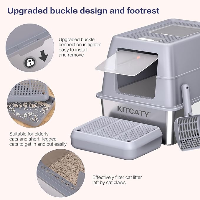 XXXL Stainless Steel Litter Box with Lid,Extra Large 28"L*20"W*18.1"H Metal Cat Litter Boxs,Jumbo Enclosed Removable Litter Box High Sides For Big Cats,with Cat Litter Scoop, Leak-Proof, Easy to Clean