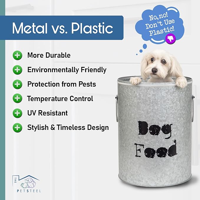 Small Dog 20lb Pet Food Storage Canister Dog Bin with Scoop – Durable & Airtight for Freshnesss, Minimalist Design & Recyclable, Small Metal Container for Kitchen Countertop